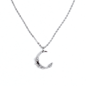 Shining Moon and Star Necklace, Silver necklace with crescent moon and star, adorned with sparkling stones, celestial-inspired elegance.