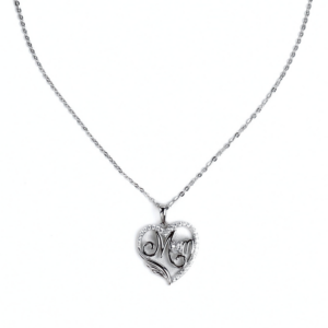 Cherished Mom Heart Necklace, heart-shaped “Mom” silver necklaces with sparkling stones and elegant silver chain.