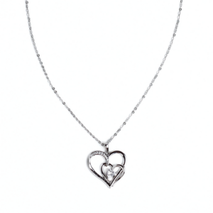 Heartfelt Embrace Necklace, an elegant silver necklace with a curved pendant symbolizing an embrace, set with sparkling stones and a fine chain.