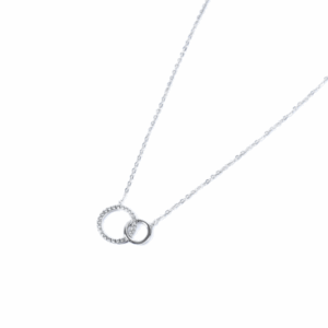 Intertwined Circles Necklace, silver necklace with two interlocking circle pendants, accented with sparkling stones on a fine chain.