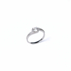 Sparkling Sterling Silver Ring, sterling silver ring with round-cut center gem and pavé accents, finished with rhodium plating.