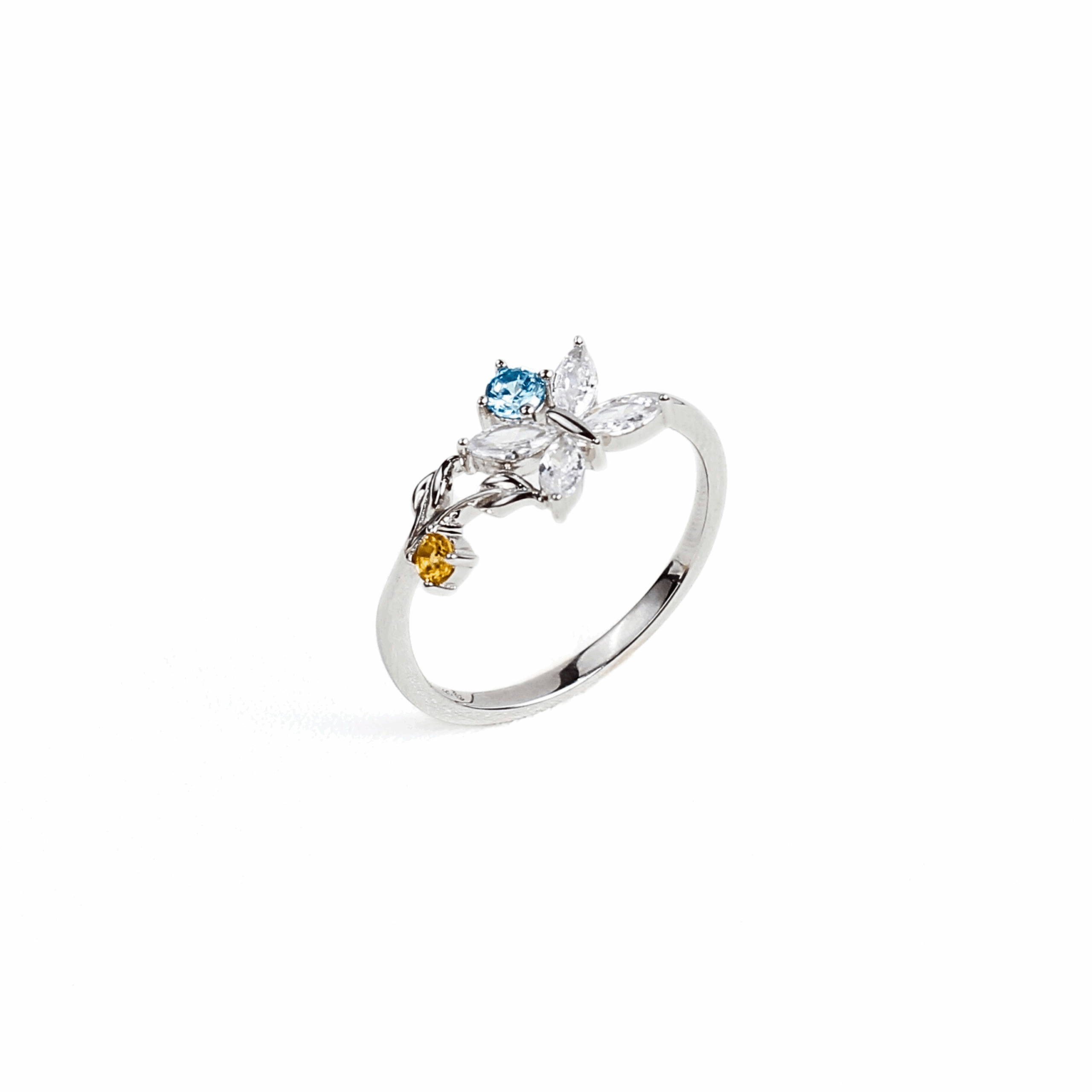 Butterfly Heart Necklace, delicate butterfly-shaped silver ring with cubic stone and leaf carvings, symbolizing elegance and transformation.