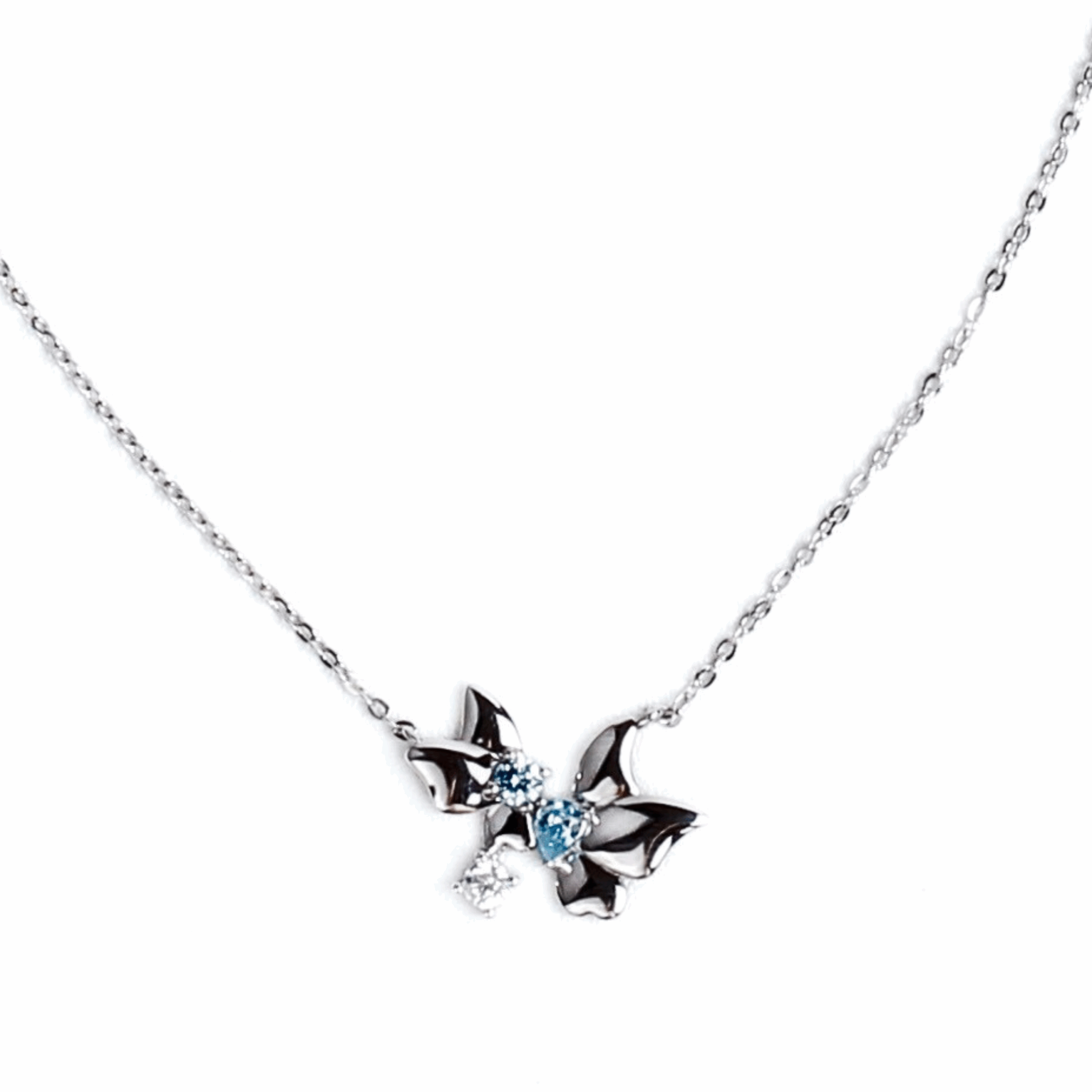 Serene Wings Blue Gem Necklace in 925 silver with rhodium plating and butterfly-inspired design.