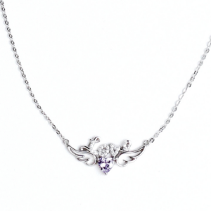 Heavenly Wings Purple Gem Necklace, silver winged heart necklace with a central purple gemstone on a fine silver chain.
