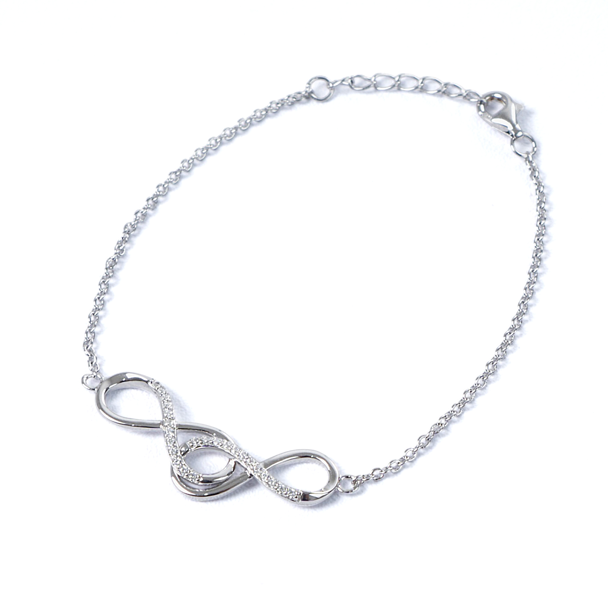 Infinity Silver Bracelet with cubic zircon, 925 silver with rhodium plating