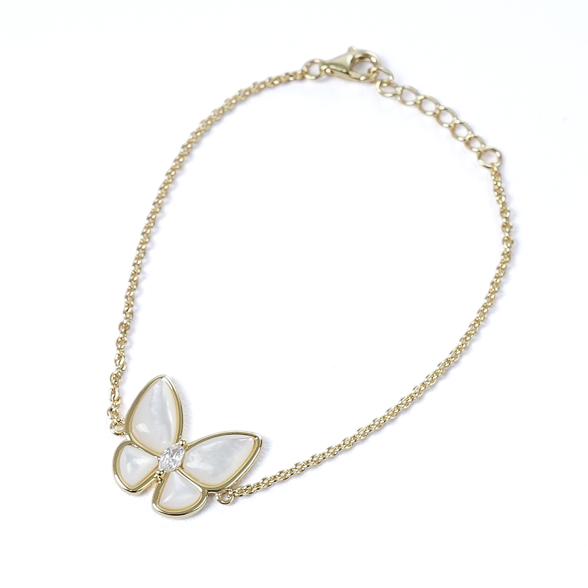 Mother of Pearl Butterfly Bracelet with 18K yellow gold plating and cubic zircon, symbolizing resilience and growth