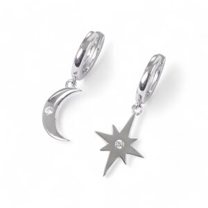 Moon and Star Silver Earrings (SE08136A) - Elegant Silver Jewelry