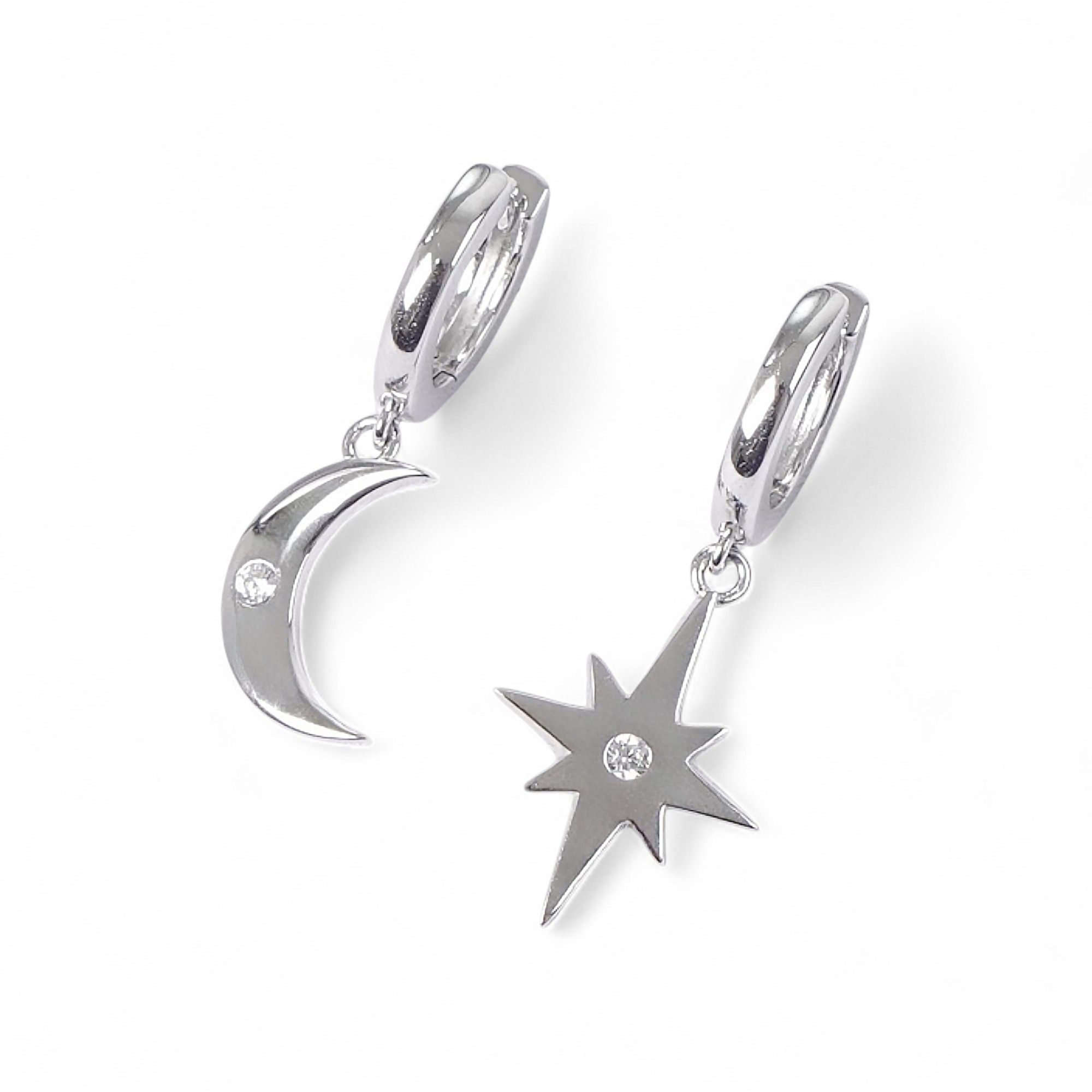 Moon and Star Silver Earrings (SE08136A) - Elegant Silver Jewelry
