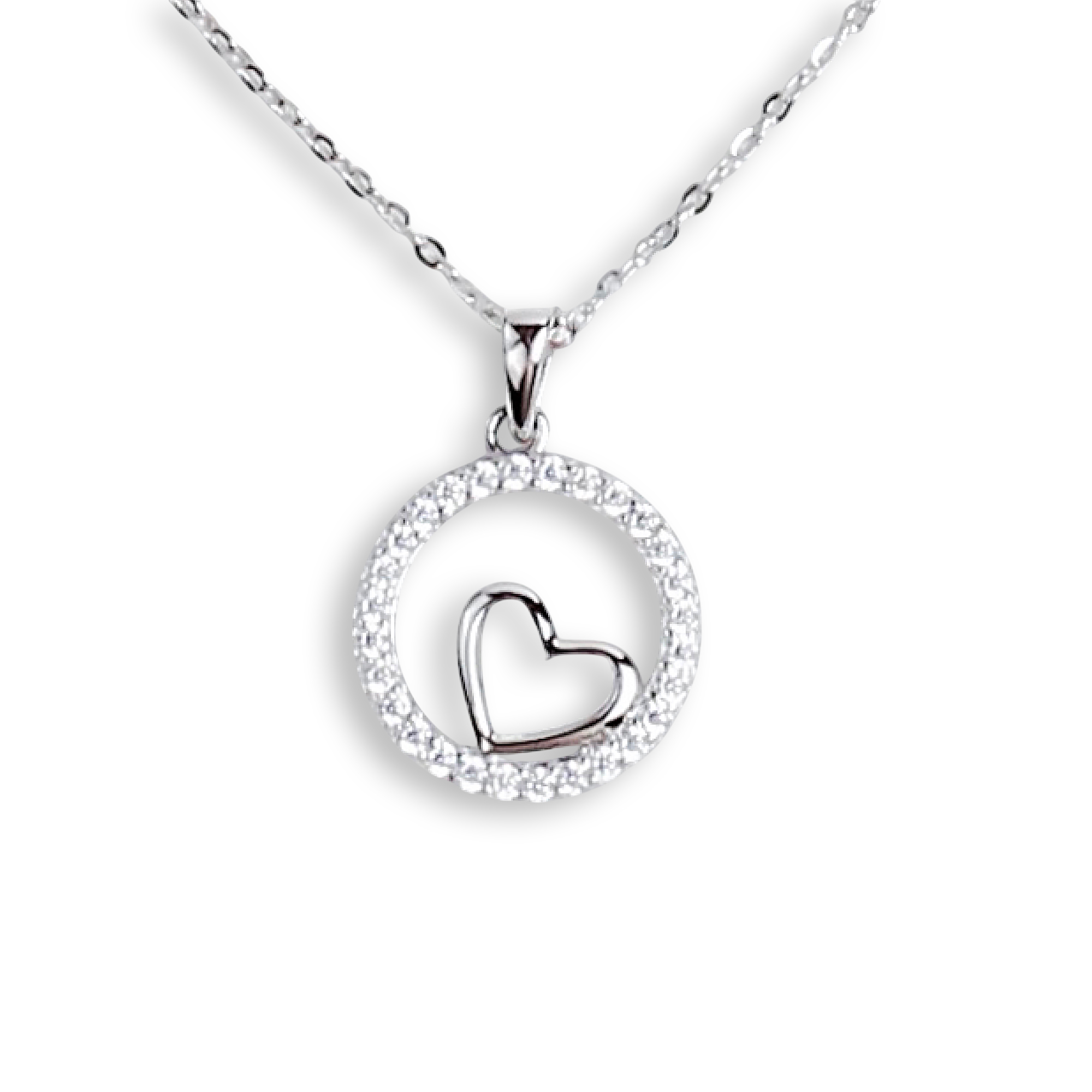Heart in Circle Necklace, a heart-shaped pendant nestled inside a crystal-studded circle, hanging from a delicate silver chain.